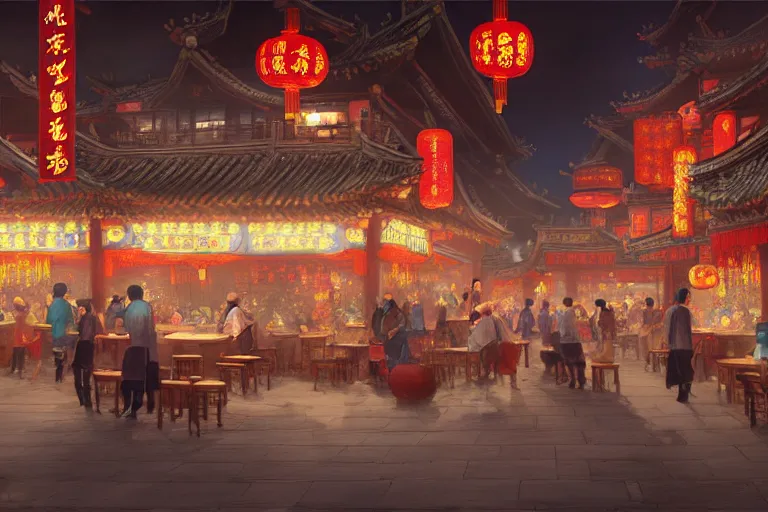 Image similar to fantasy art of a bustling tavern in china, at night, by makoto shinkai, highly detailed digital art, trending on artstation