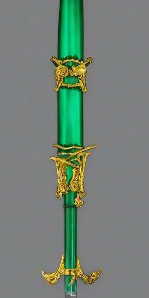 Image similar to photograph of a wide green and teal crystal sword with a big gold sword hilt