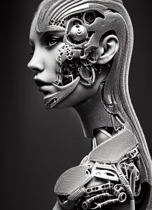 Image similar to a stunning young female cyborg profile face, face is made intricate tribal bio - mechanical, editorial photography, bw, shot on 7 0 mm, depth of field, f / 2. 8, high contrast, 1 6 k, rays of shimmering light, volumetric lighting, shiny, insanely detailed and intricate, hypermaximalist, elegant, ornate, hyper realistic, super detailed