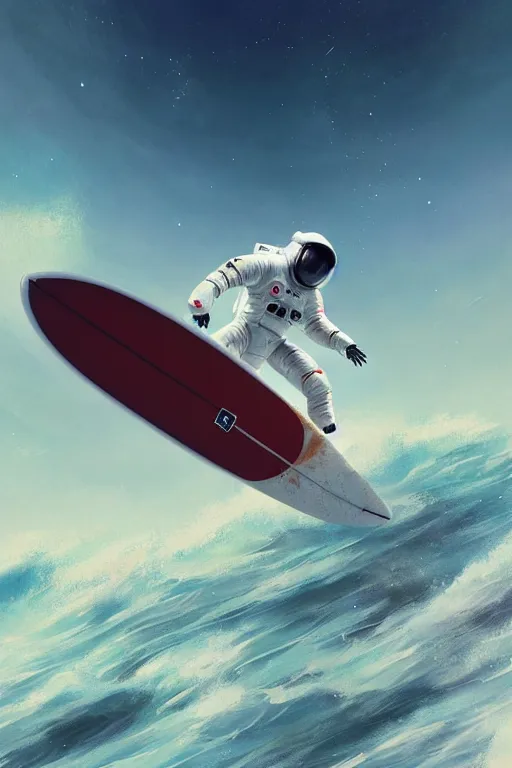 Image similar to a beautiful digital painting of an astronaut in a white space suit surfing the great wave on a surfboard by greg rutkowski, photorealistic, trending on artstation, octane render