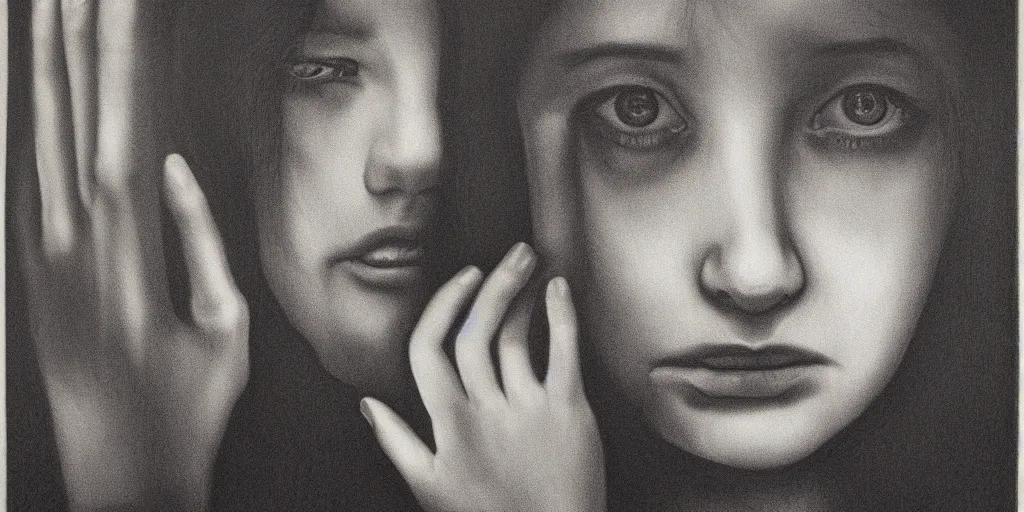 Image similar to The girl from the movie Ring, mezzotint, scary