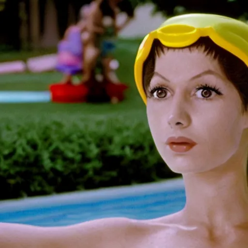 Image similar to a woman wearing a long nose in a swimming pool live-action childrens television show 1974 technicolor