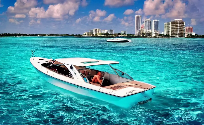 Image similar to photorealistic picture of a sport boat driving in turquoise water. miami. 8 0's style