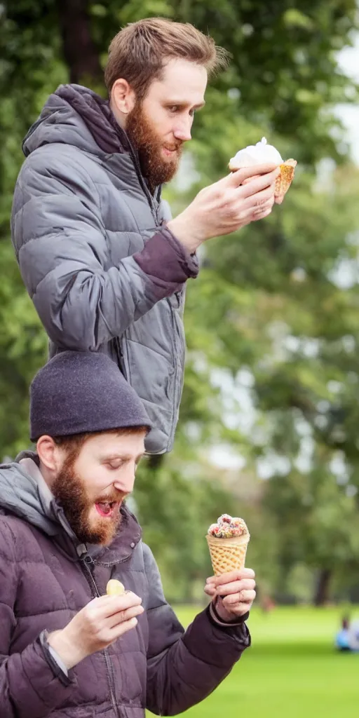 Image similar to colour photograph of a 3 0 year old british man eating ice cream at the park