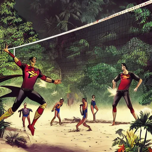 Image similar to batman and superman are playing volleyball in a jungle, volleyball in the air, volleyball net, digital illustration, inspired by greg rutkowski and artgerm, high detail