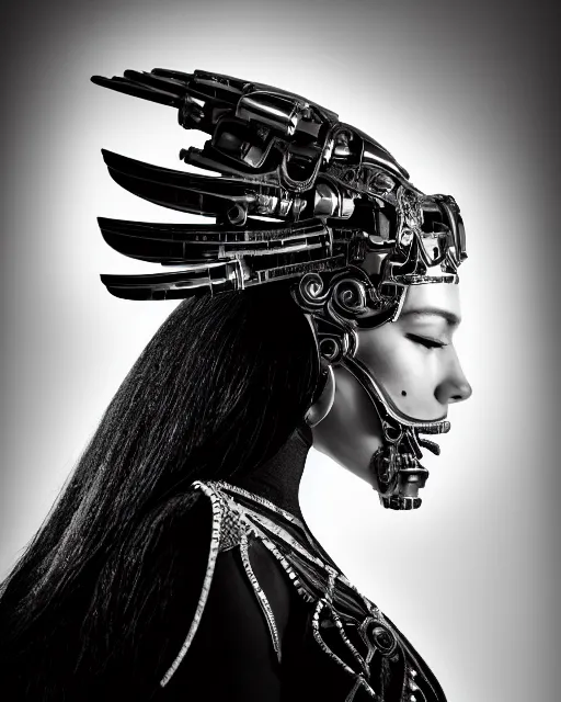 Image similar to a profile portrait, a stunning young woman - cyborg with a mutant crow head, editorial photography, bw, shot on 7 0 mm, depth of field, f / 2. 8, high contrast, 1 6 k, volumetric lighting, shiny, insanely detailed and intricate, hypermaximalist, elegant, ornate, hyper realistic, super detailed