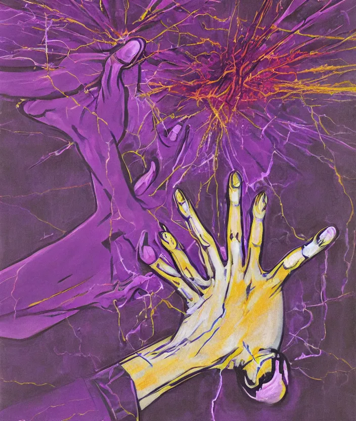 Prompt: two hands facing each other and transferring bolts of purple energy, art by francis bacon