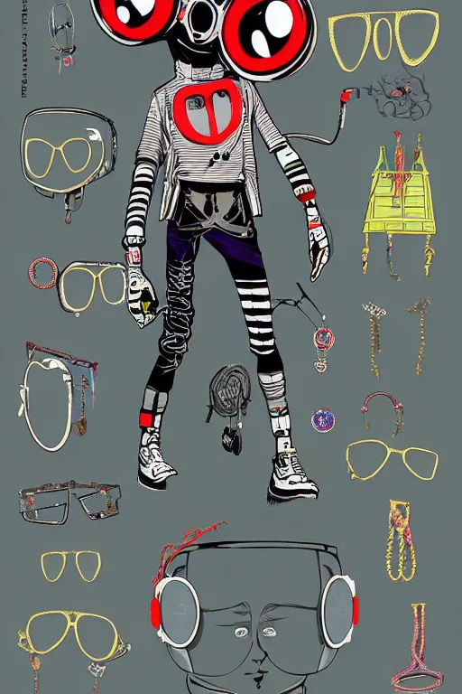 Prompt: cybergoth guy wearing goggles and eccentric jewelry by jamie hewlett, jamie hewlett art, full body character concept art,