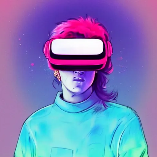 Image similar to vaporwave color scheme, cat wearing a vr headset, vaporwave poster illustration, artstation trending, pinterest