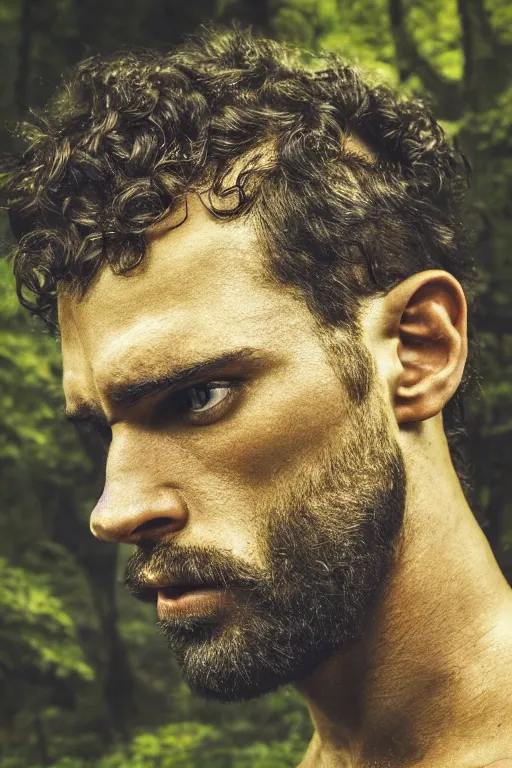 Prompt: ultra close up, portrait of a muscular man, chiseled features, beautiful flowing brown curly hair, mythological, god of nature, defined muscles, artsy photography, film photo, 4 k, model posing, deep tan skin, trending on artstation, fashion photography, yellow eyes, overgrown background, dryad, verdant forest, face