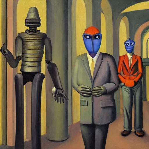 Prompt: drab workers wearing masks walking along cloisters, vault, rotunda, brutalist courtyard, watched by robots, dystopian, pj crook, edward hopper, oil on canvas