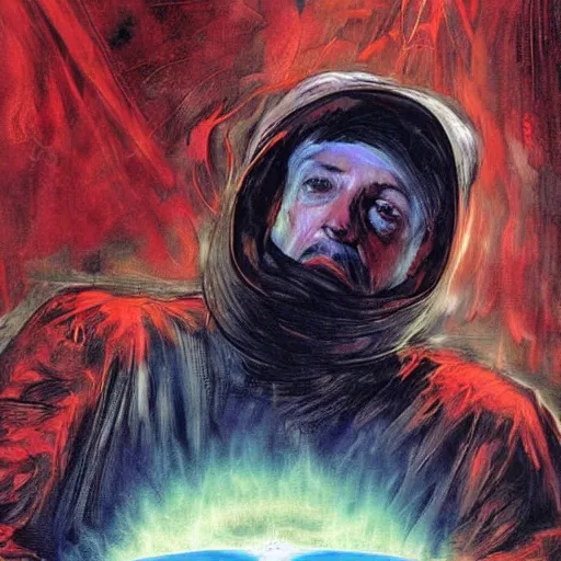 Image similar to A digital art. A rip in spacetime. Did this device in his hand open a portal to another dimension or reality?! cardinal by Harriet Backer, by Simon Bisley straight, sinister