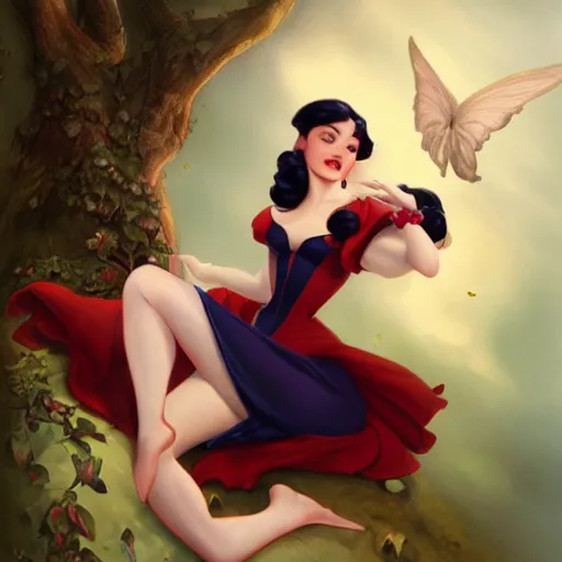 Image similar to a pinup of beautiful snow white by charlie bowater and anna dittmann and gil elvgren.