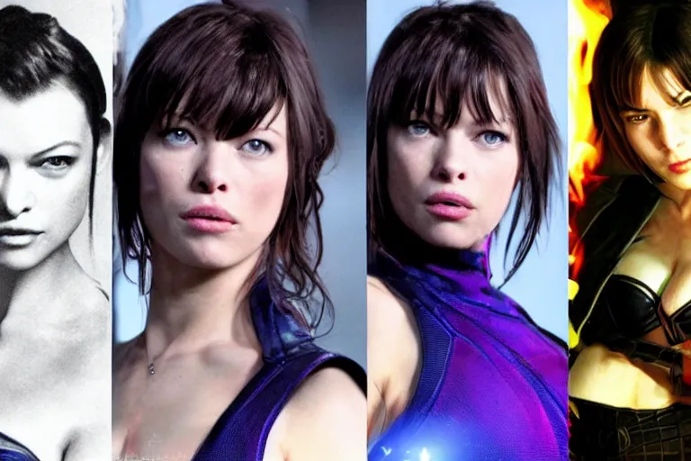 Image similar to Mila Jovovich as rinoa from final fantasy nime, kanye west as a japanese character Te Kā female lava and fire goddess character, character is in all its glory, Spiderman as electro