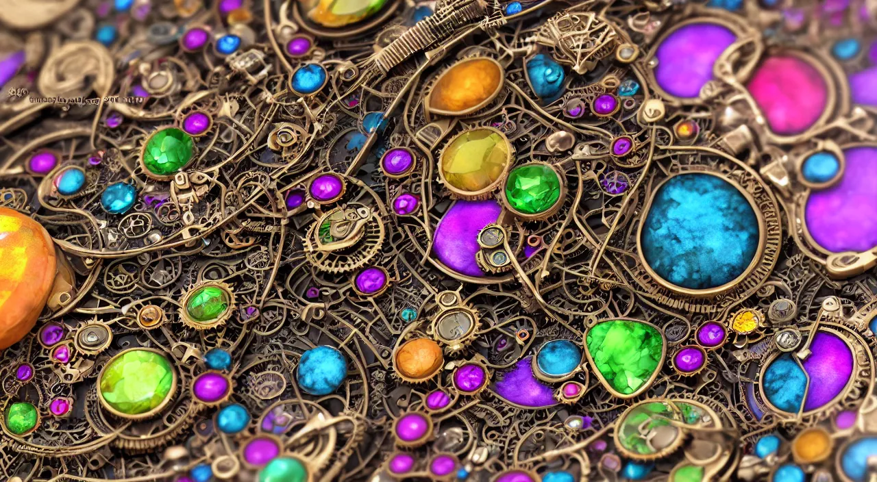 Image similar to steampunk jewelry with rainbow colours, macro photography, F/2.8, depth of field, trending on artstation, octane render