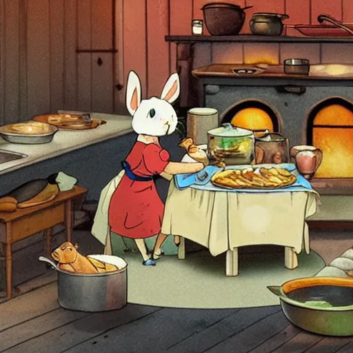 Prompt: rabbits cooking food inside a cozy french kitchen, in the style of studio ghibli