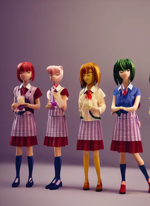 Image similar to plastic schoolgirls selling plastic cats, photorealism, canon r 3, symmetry, octane render, unreal engine, dramatic lights, professional studio photo