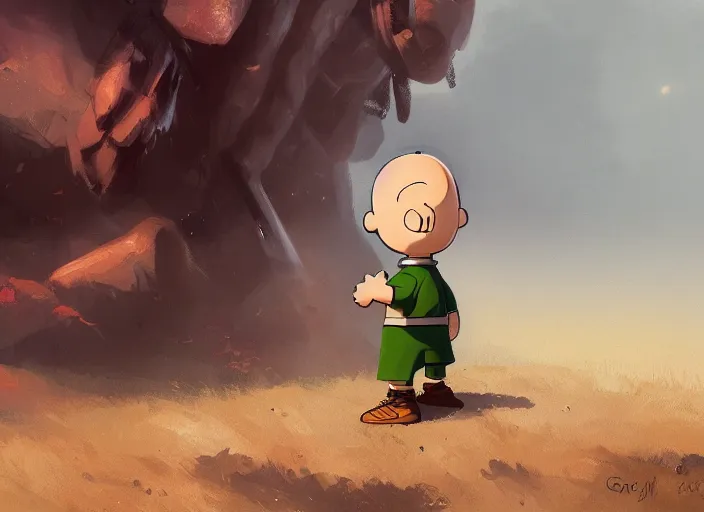 Image similar to close up cinematic artwork of Charlie brown staring down the enemy on the battlefield by Greg Rutkowski, 4k, masterpiece