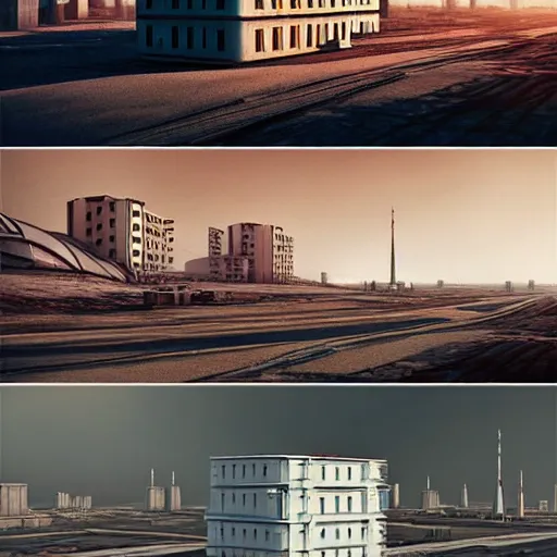 Image similar to soviet style buildings in a city on the Moon, Neo Norilsk, Neo Kyiv, sci-fi, enchanting, photorealistic, intricate, very very beautiful, elegant, smooth, photorealistic, cinematic, Octane renderer, by Evgeny Zubkov, by Marat Zakirov, trending on Behance