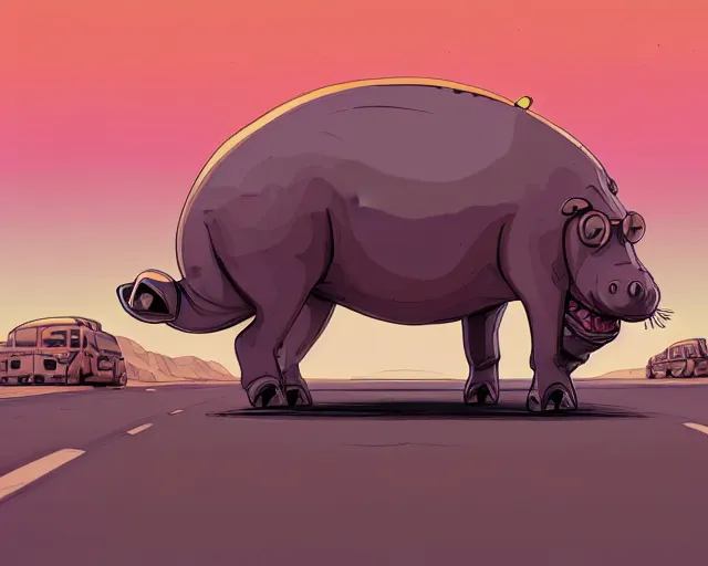 Image similar to a study of cell shaded cartoon of a mechanical hippo on a desert road, in front of a big moon illustration, wide shot, subtle colors, post grunge, concept art by josan gonzales and wlop, david rubin, mike mignola, laurie greasley, highly detailed, sharp focus, trending on artstation, hq, deviantart, art by artgem