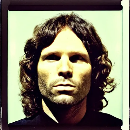 Image similar to Mugshot Portrait of Jim Morrison, taken in the 1970s, photo taken on a 1970s polaroid camera, grainy, real life, hyperrealistic, ultra realistic, realistic, highly detailed, epic, HD quality, 8k resolution, body and headshot, film still, front facing, front view, headshot and bodyshot, detailed face, very detailed face