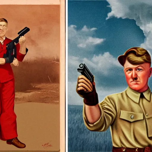 Image similar to back to back picture of a farm boy holding a red gun pointing at adolf hitler who is wearing a woman's dress, realism, 4 k, award winning photograph