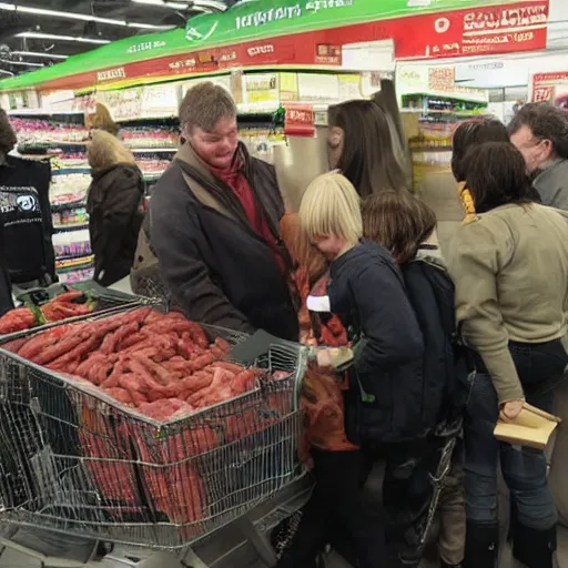 Prompt: hobbits in Asda looking at the cheap meat