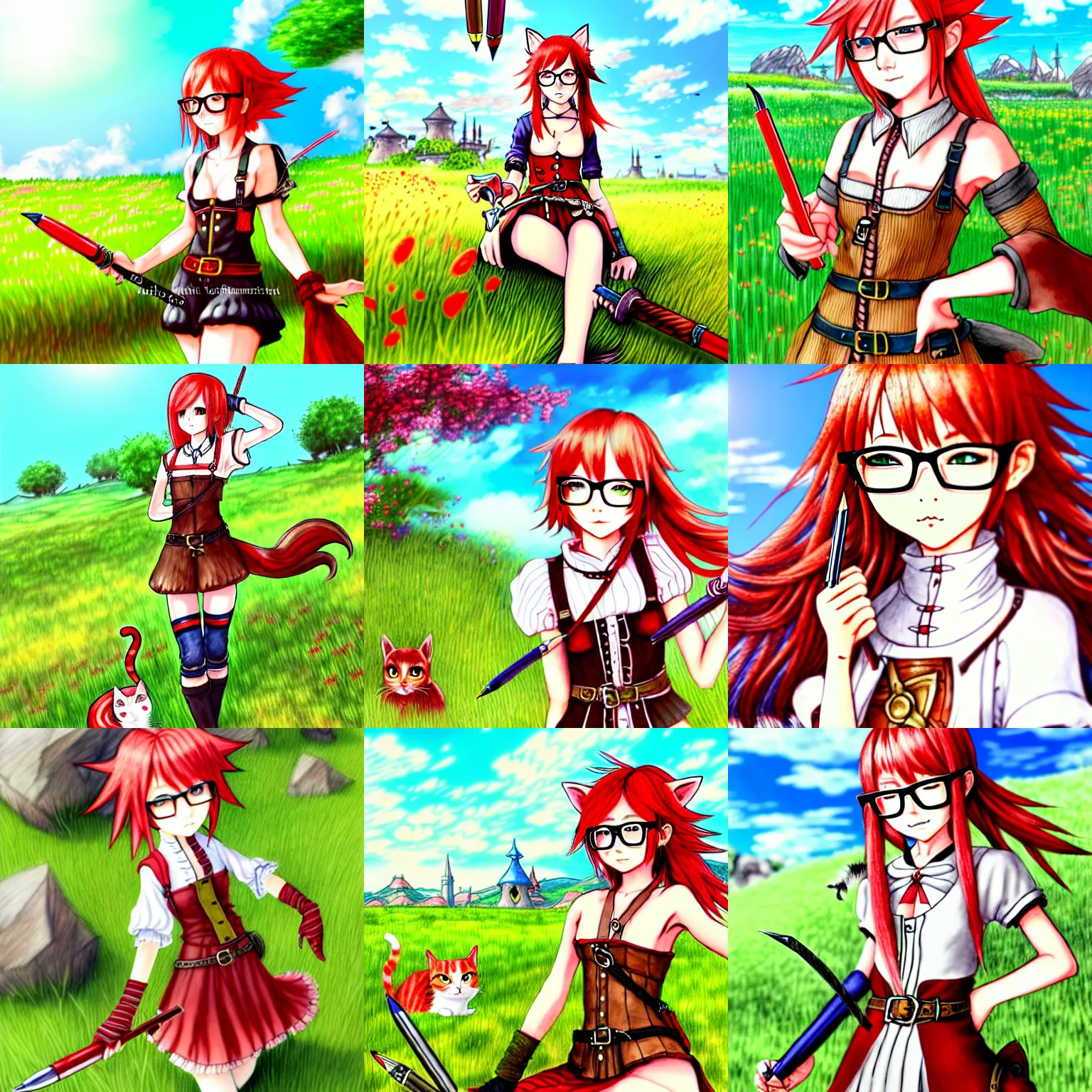 Prompt: an absurdly-detailed colored-calligraphy-pen drawing, a cute adventurer, a short-red-haired cat-girl painted in final fantasy style, wearing glasses and red-mage musketeer outfit. Summer sun in verdant fields.