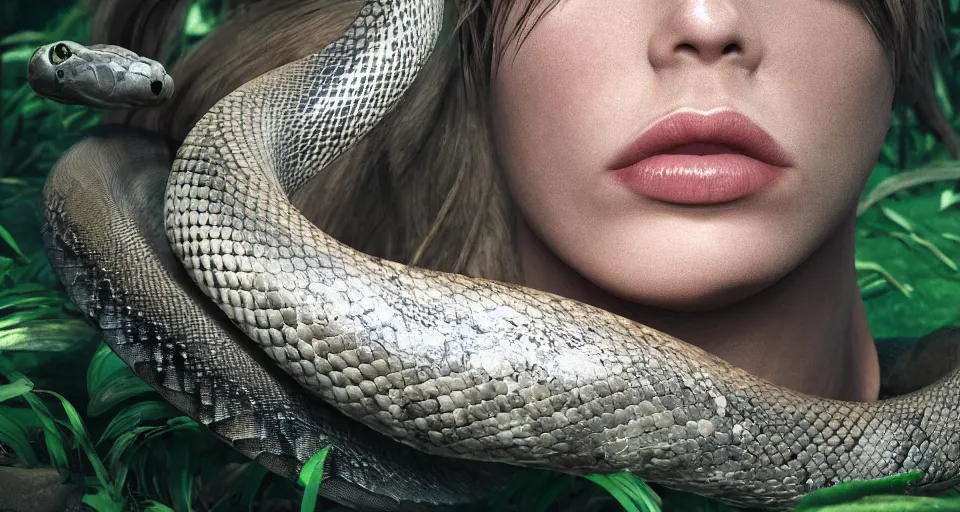 Image similar to closeup portrait of a python laying in a circle in a jungle environment, dramatic lighting, cinematic, octane render, cgsociety, artstation, 4k