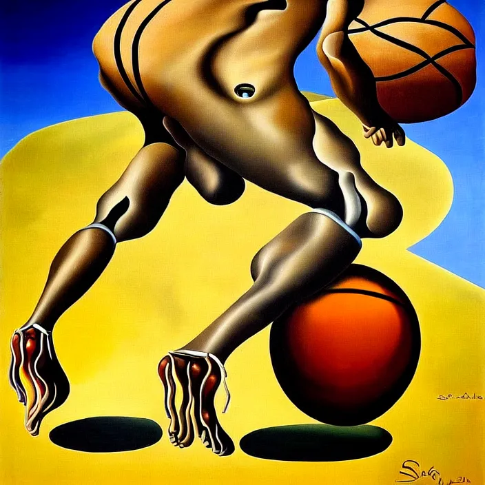 Image similar to a basketball with legs, by salvador dali, oil on canvas, funny, silly, intricate details