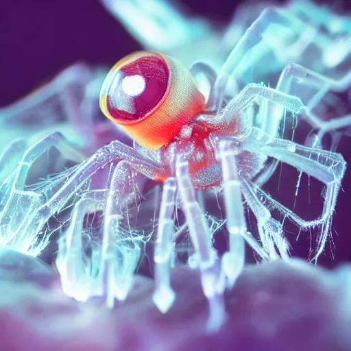 Image similar to high quality close-up photo translucent gelatinous spiders! gorgeous highly detailed hannah yata elson peter cinematic orange lighting high quality low angle hd 8k sharp shallow depth of field