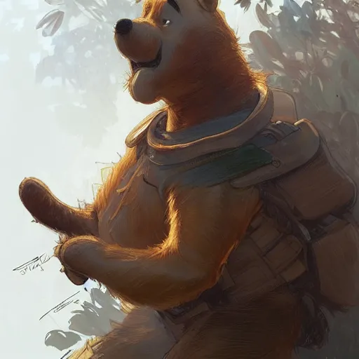 Image similar to Winnie the Pooh, battle-worn, highly detailed, digital painting, artstation, concept art, sharp focus, illustration, art by artgerm and greg rutkowski and alphonse mucha,