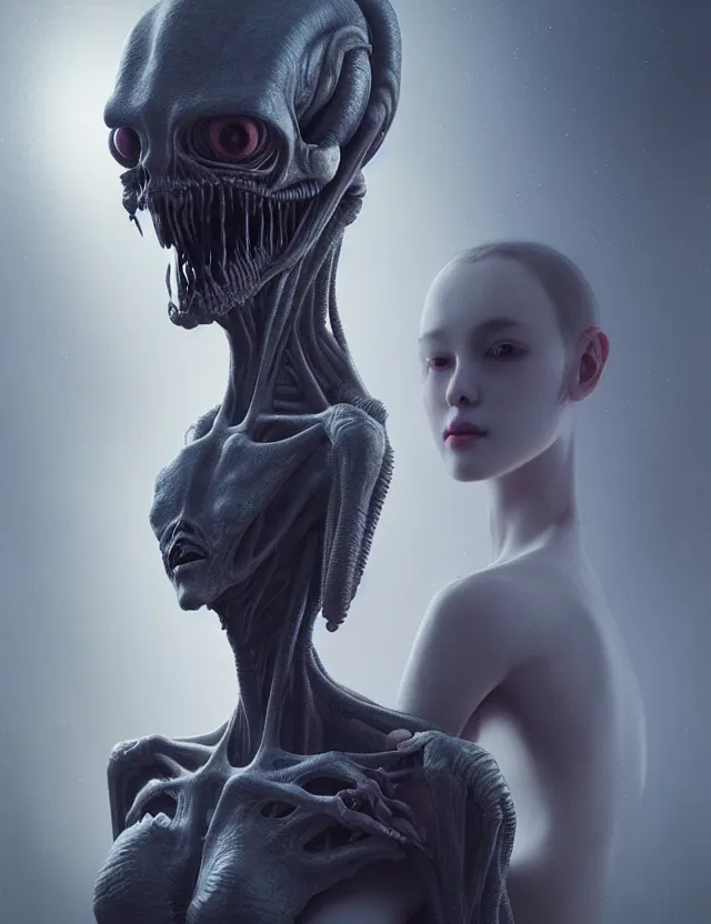 Image similar to ultra realist muted colors horror painting of a dimly lit attractive alien female next to a hellish creature, very intricate details, focus, model pose, full frame image, high contrast, artwork by tooth wu and wlop and beeple and greg rutkowski, award winning