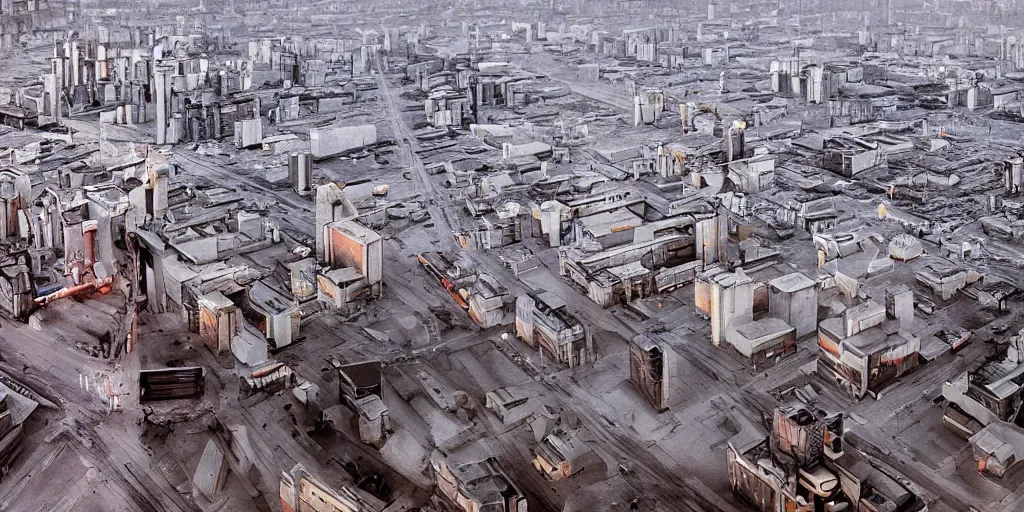 Prompt: cinematic shot of norilsk russian orbit city cityscape, telephoto, iconic scene from the paranoid thriller sci fi film directed by stanley kubrick, anamorphic cinematography, beautiful composition, color theory, leading lines, photorealistic, moody volumetric lighting