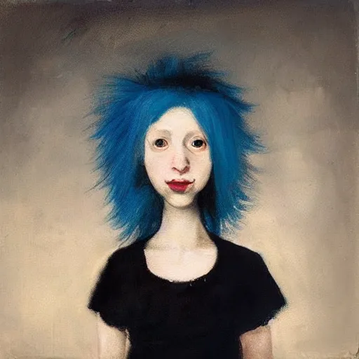 Prompt: “ a modern blue haired girl holding an albino rat, portrait, oil painting, dark background, style of rembrandt ”