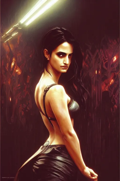 Image similar to penelope cruz in the movie Matrix, intricate, cinematic lighting, highly detailed, beautiful, digital painting, artstation, masterpiece, concept art, smooth, sharp focus, illustration, art by Artgerm and Greg Rutkowski and Alphonse Mucha and william-Adolphe Bouguereau