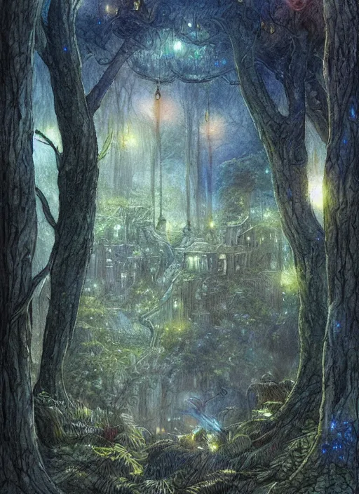 Prompt: treehouse city in the forest with fairy lights, light ground fog, river, detailed fantasy watercolor comic style, subtle colors, by alan lee and john howe
