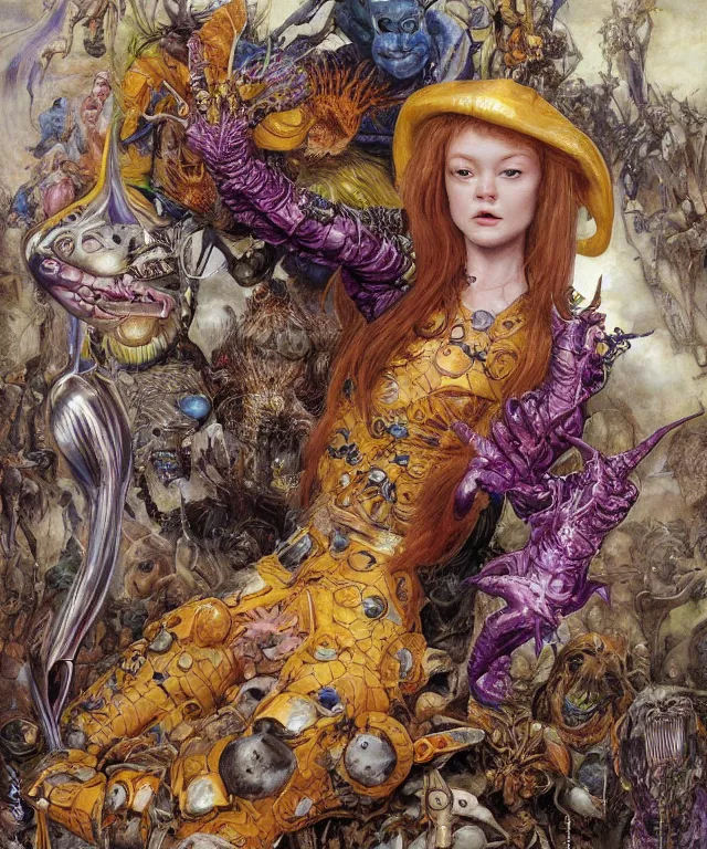 Image similar to a portrait photograph of sadie sink as an alien super villian with shiny colorful skin and yellow eyes. she is trying on a bulbous shiny organic dress and being transformed into an animal by magic. by donato giancola, hans holbein, walton ford, gaston bussiere, peter mohrbacher and brian froud. 8 k, cgsociety, fashion editorial