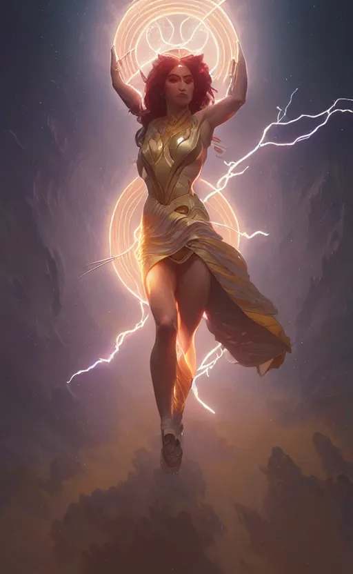 Image similar to Goddess of lightning, sci-fi, highly detailed, digital painting, artstation, concept art, smooth, sharp focus, illustration, art by artgerm and greg rutkowski and alphonse mucha