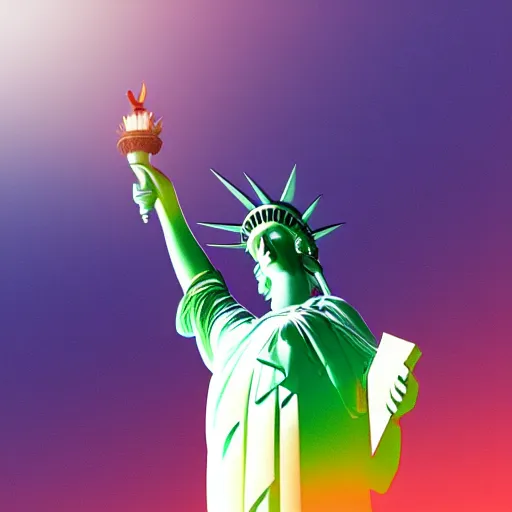 Prompt: “Statue of Liberty holding an AR-15 in iridescent colors, futuristic city, octane render” H- 1088