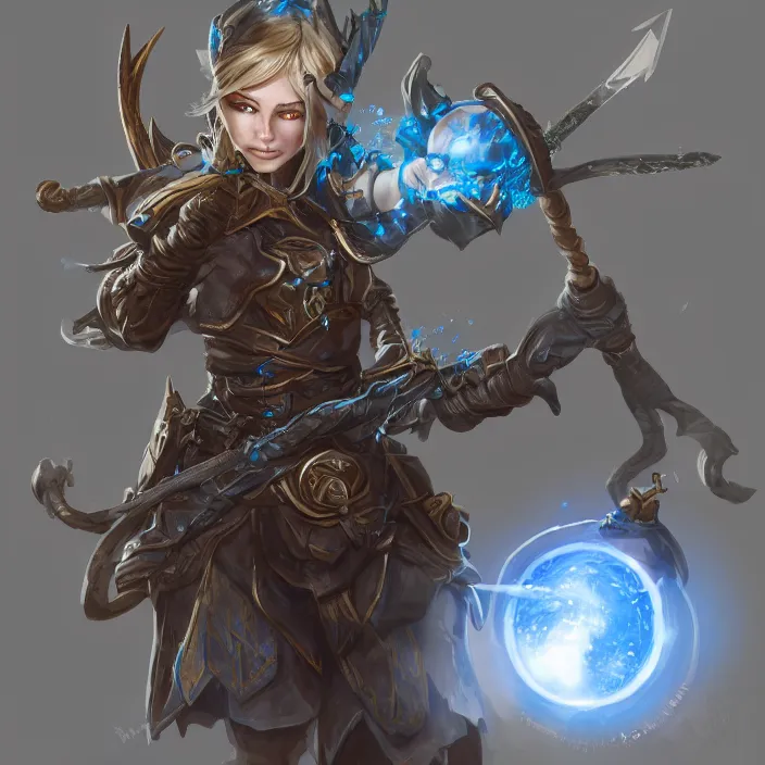 Image similar to an elf ranger with weapons drawn facing a glowing blue orb, fantasy concept art, trending on artstation, video game concept art, highly detailed, cinematic lighting, digital art, dark fantasy