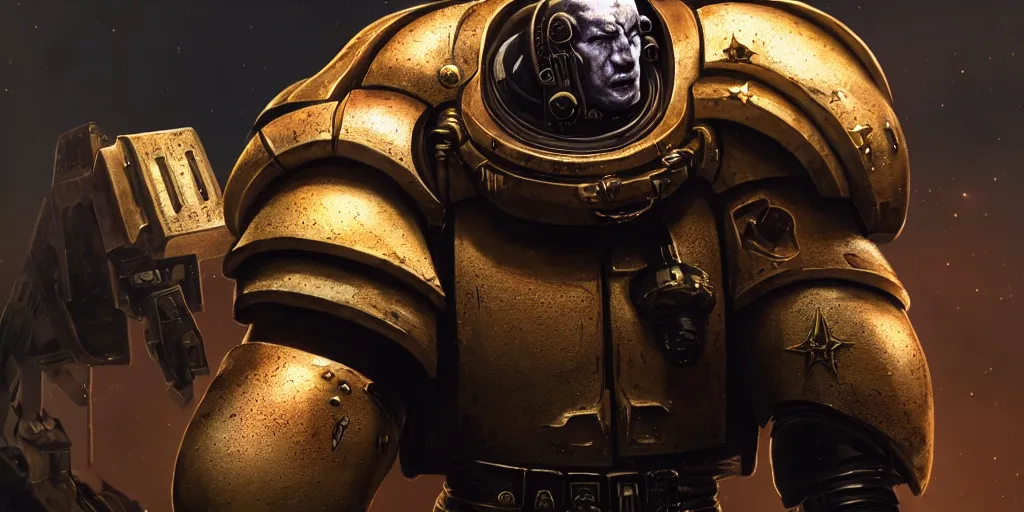 Prompt: Photorealistic Portrait of Space Marine, bokeh, inspired by Ridley Scott, Warhammer, octane render, HD, volumetric lighting, mist, twilight, high details