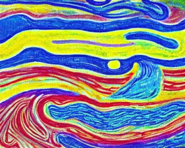 Prompt: Ocean waves in a psychedelic dream world. DMT. Curving rivers. Landscape painting by Edvard Munch. David Hockney. Peter Max.