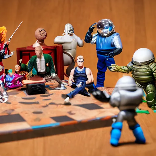 Image similar to a detailed photo of the characters from spaceballs as action figures, macro photography, zoom, table