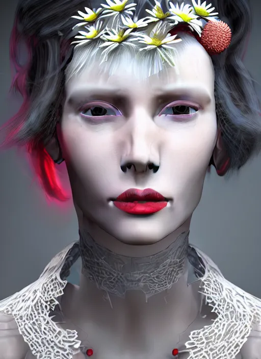 Prompt: beautiful cyberpunk woman portrait with a smooth porcelain ivory profile face, futuristic haute couture, iris van herpin, headdress with daisies, sponge corals, mushrooms, puffballs, red rhizomorphs, brackets, laser cut paper lace collar, octane highly render, 8 k, hdr