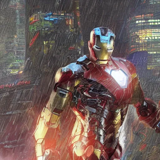 Prompt: a hyperdetailed photograph of iron man flying through the skies of a cyberpunk, futuristic city, night, dense fog, rain, hd, 8 k resolution by greg rutowski, stanley artgerm, alphonse mucha