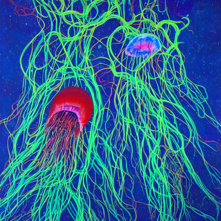 Image similar to Hyperrealistic intensely colored studio Photograph portrait of a deep sea psychedelic bioluminescent jellyfish deep underwater in darkness long exposure, award-winning nature deep sea expressionistic impasto heavy brushstrokes oil painting by Fabian Marcaccio and Jean Dubuffet and Audubon vivid colors hyperrealism 8k