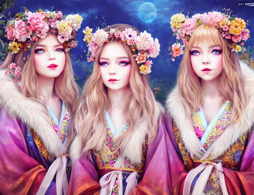 Image similar to two beautiful fashion siberian girls wear fantasy kimono in festival | | big eyes, sunny, dreamlike art, realistic shaded, smile, good looking, hyper details, 4 k realistic, cryengine, realistic shaded lighting poster by artgerm, ross tran, fuji choko, loish, 8 k resolution, trending on artstation, luxury