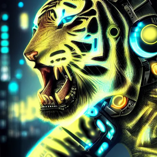 Image similar to cybernetic tiger eye, futuristic, cyberpunk, digital illustration, photo - realistic, macro, extreme details, vivid, neon, dramatic lighting, intricate details