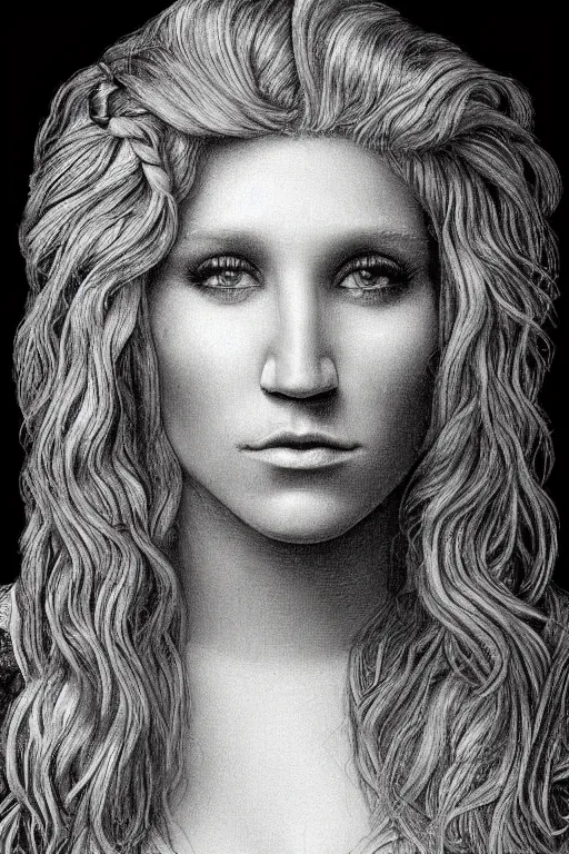 Image similar to a portrait of kesha in the style of leonardo da vinci drawing,, single head, no double head,